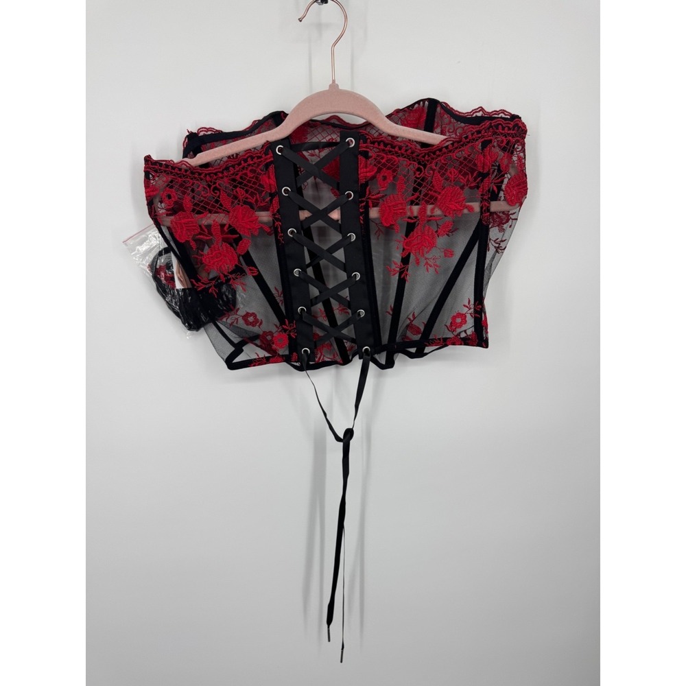 NWT‎ Fantasy Lingerie Corset 2Pc Women's Large Black Mesh Red Floral Embroidery